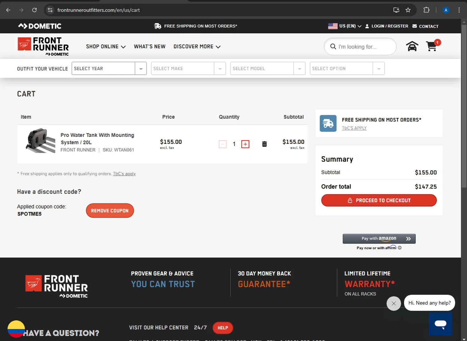 Front Runner checkout page showing Front Runner discount code box | Screenshot taken by SimplyCodes community member on Jan 28, 2025