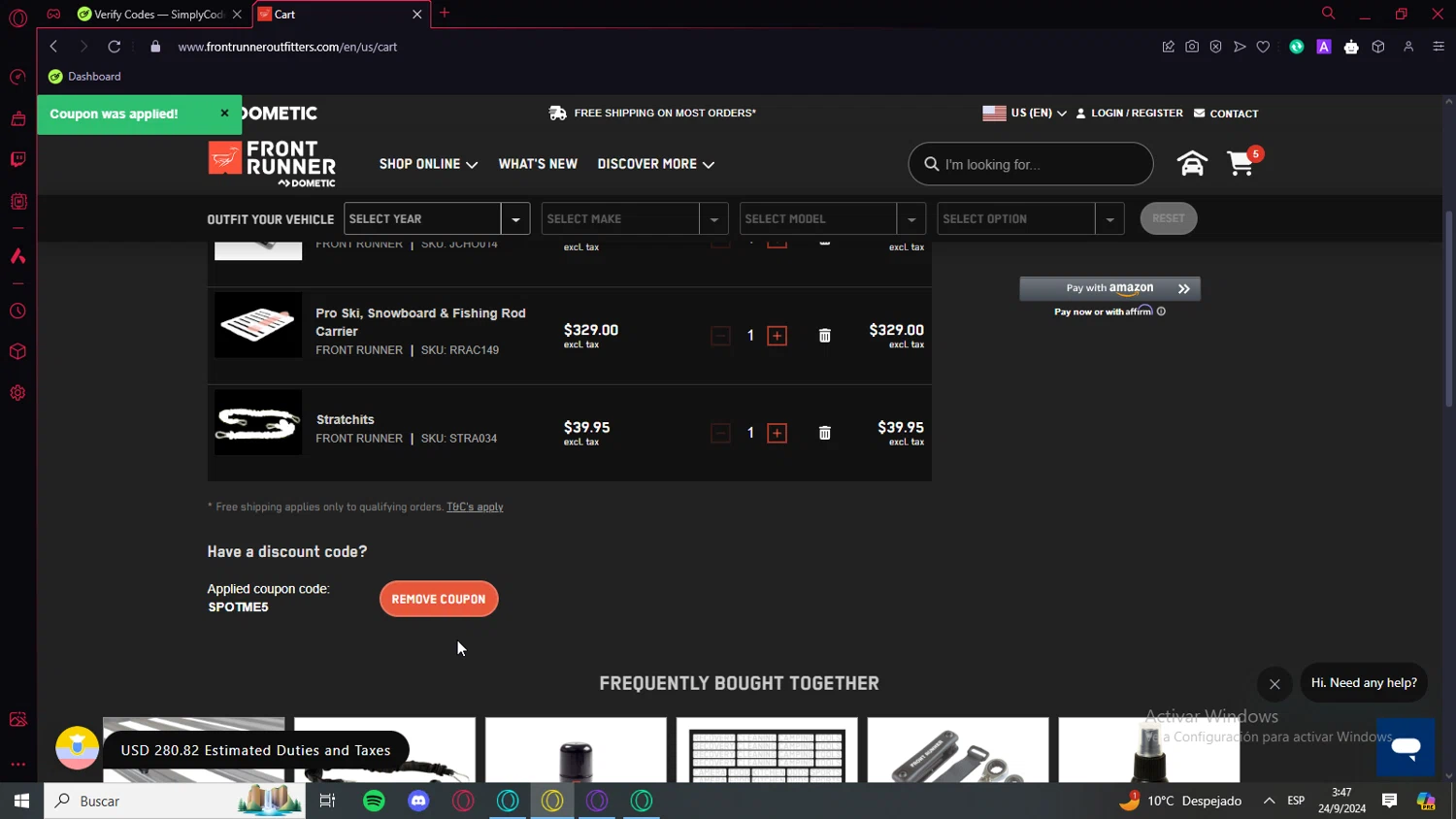 Front Runner checkout page showing Front Runner discount code box | Screenshot taken by SimplyCodes community member on Sep 24, 2024