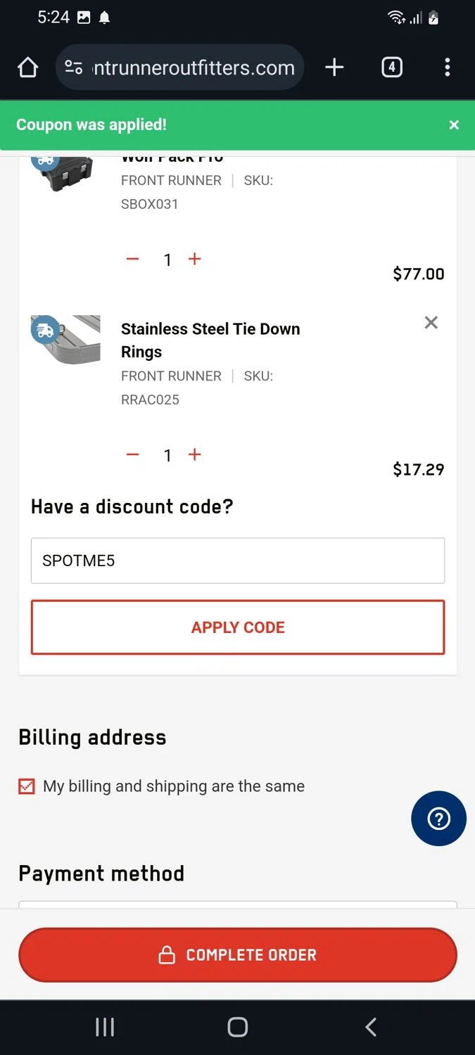 Front Runner checkout page showing Front Runner discount code box | Screenshot taken by SimplyCodes community member on May 27, 2024