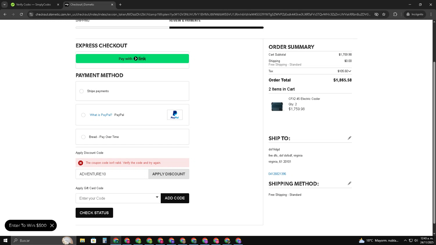 Front Runner discount code screenshot showing code ADVENTURE10 applied at Front Runner checkout page. Uploaded by SimplyCodes community member HAOJIN on Nov 24, 2025