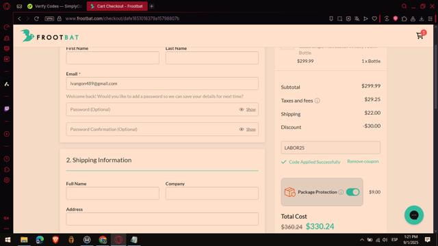 Frootbat checkout page showing Frootbat discount code box | Screenshot taken by SimplyCodes community member on Sep 1, 2025