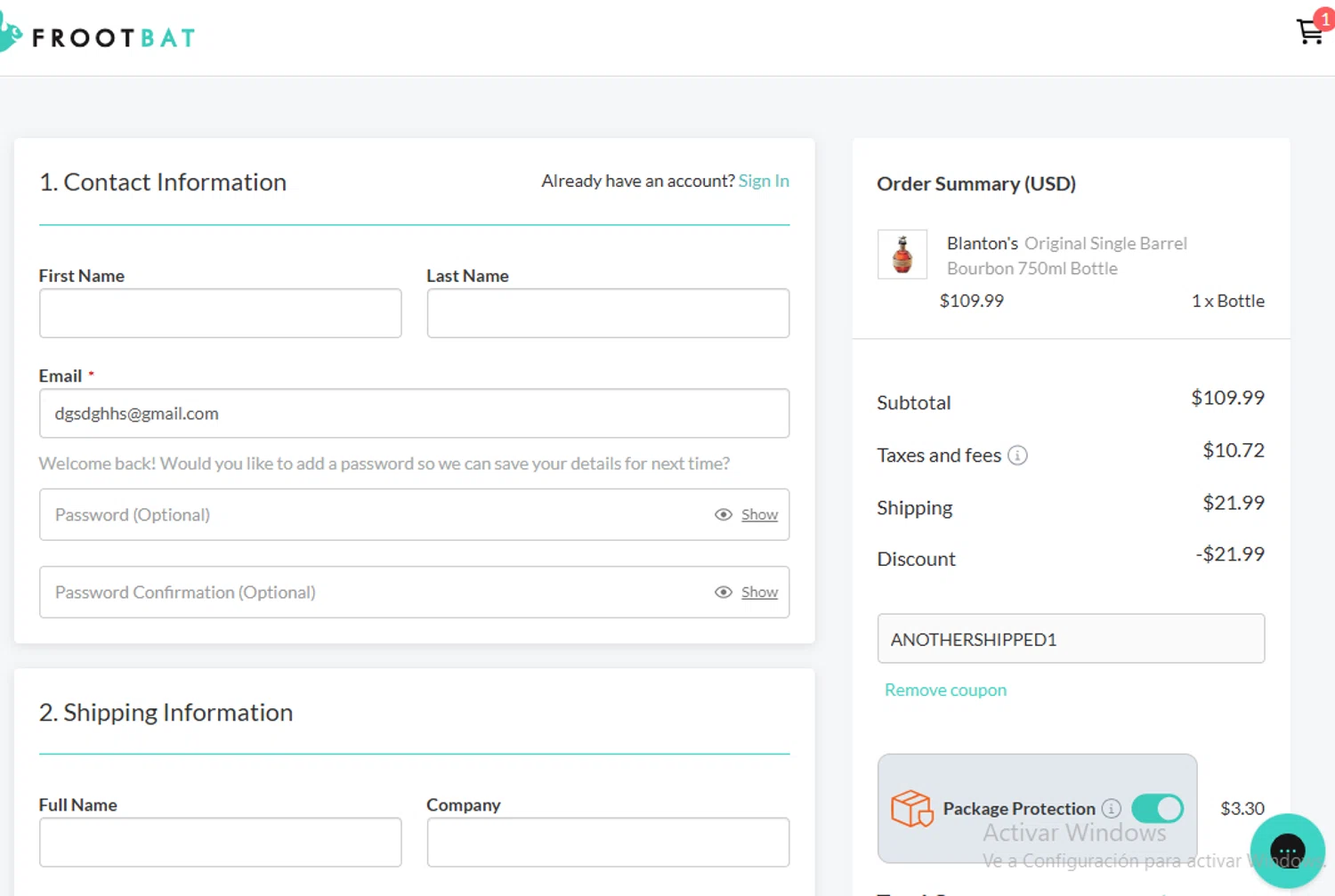 Frootbat promo code screenshot showing code ANOTHERSHIPPED1 applied at Frootbat checkout page. Uploaded by SimplyCodes community member WonderW on Feb 11, 2026