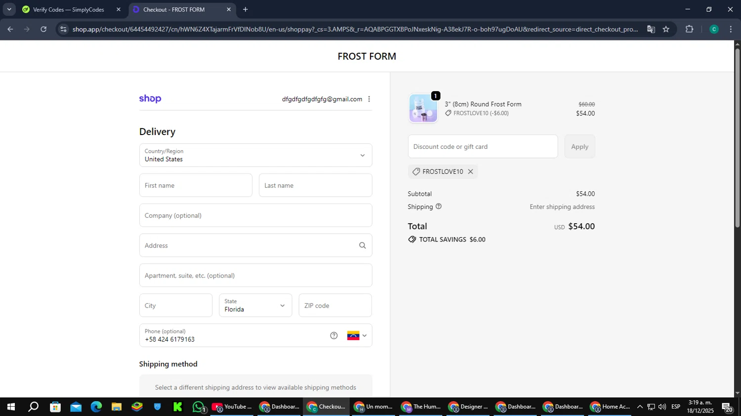 Frost Form coupon code screenshot showing code FROSTLOVE10 applied at Frost Form checkout page. Uploaded by SimplyCodes community member PromoScout874 on Dec 18, 2025