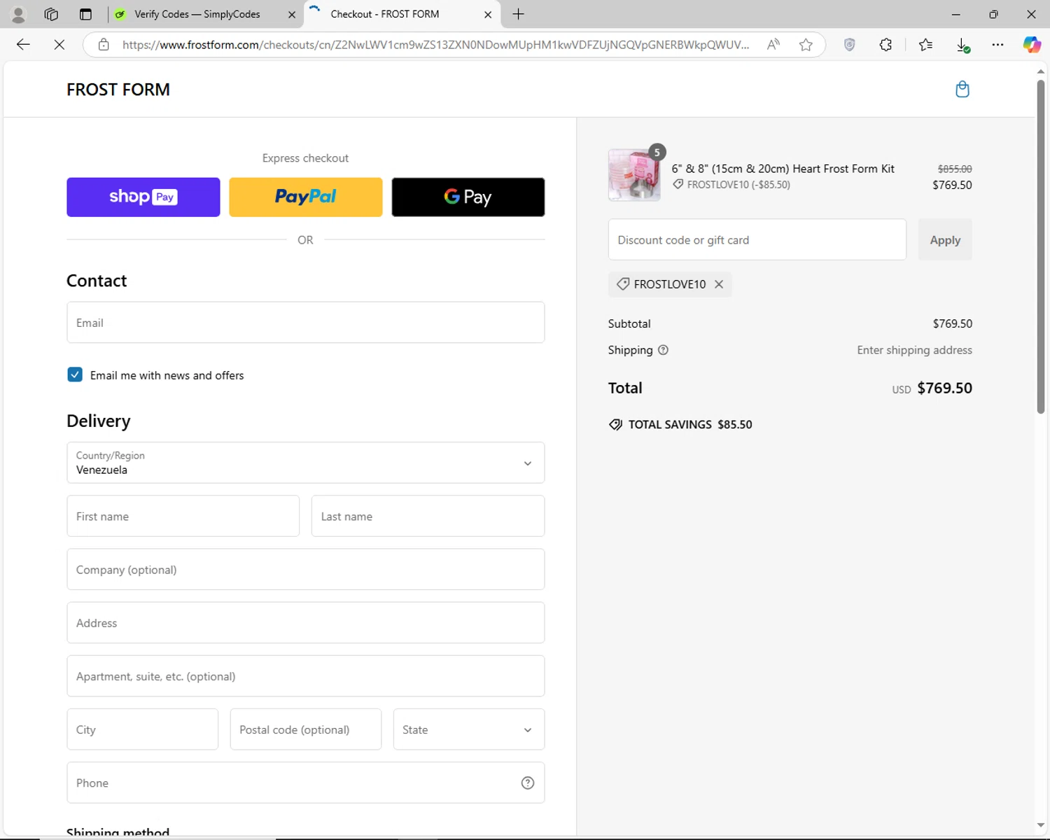 Frost Form coupon code screenshot showing code FROSTLOVE10 applied at Frost Form checkout page. Uploaded by SimplyCodes community member jhoanDepp on Dec 27, 2024
