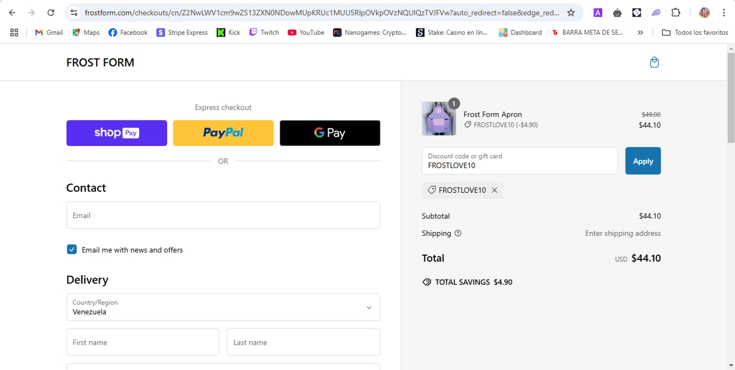 Frost Form coupon code screenshot showing code FROSTLOVE10 applied at Frost Form checkout page. Uploaded by SimplyCodes community member ronaldhernandez on Jan 25, 2025