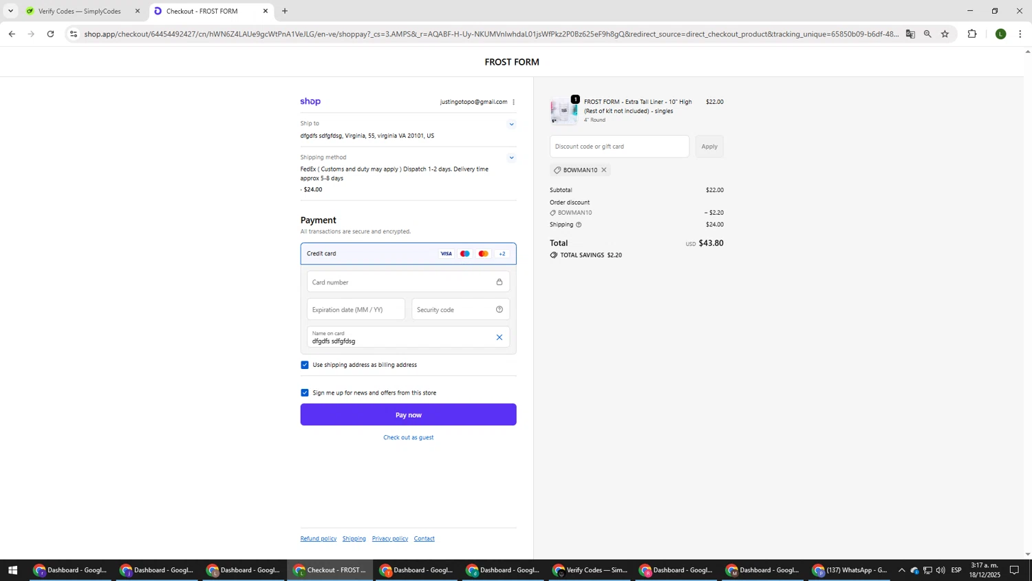 Frost Form coupon code screenshot showing code BOWMAN10 applied at Frost Form checkout page. Uploaded by SimplyCodes community member DUCATI on Dec 18, 2025