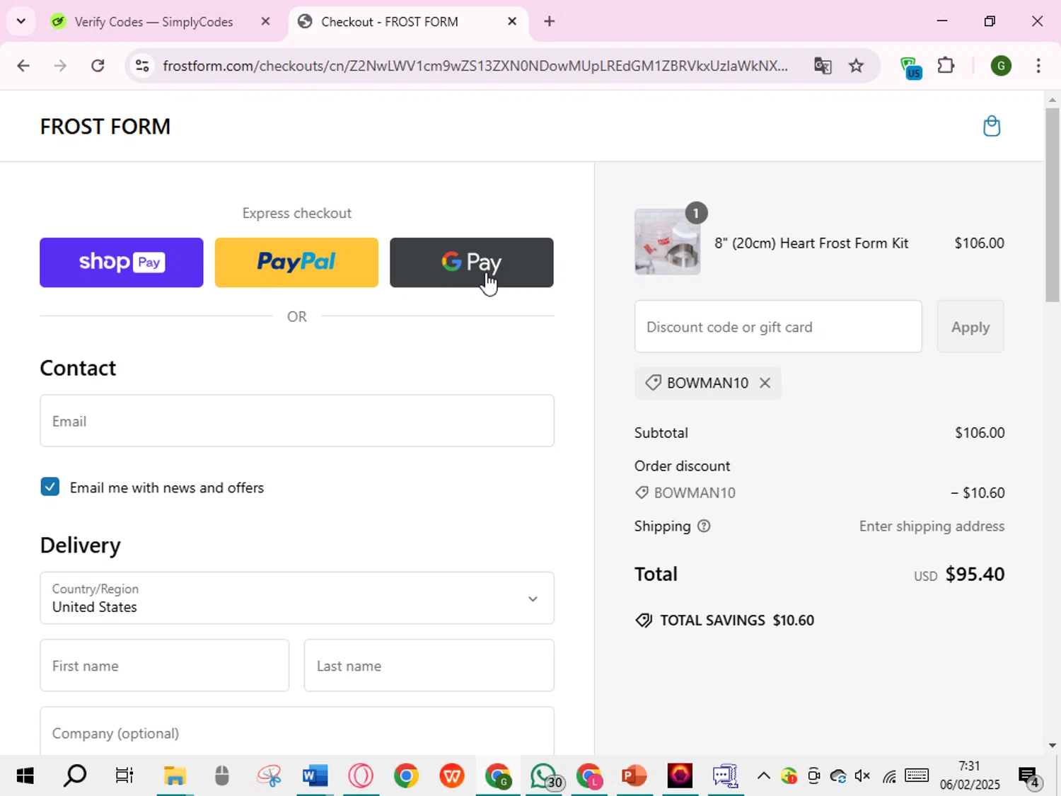 Frost Form coupon code screenshot showing code BOWMAN10 applied at Frost Form checkout page. Uploaded by SimplyCodes community member RoyalVirtuoso7438 on Feb 6, 2025
