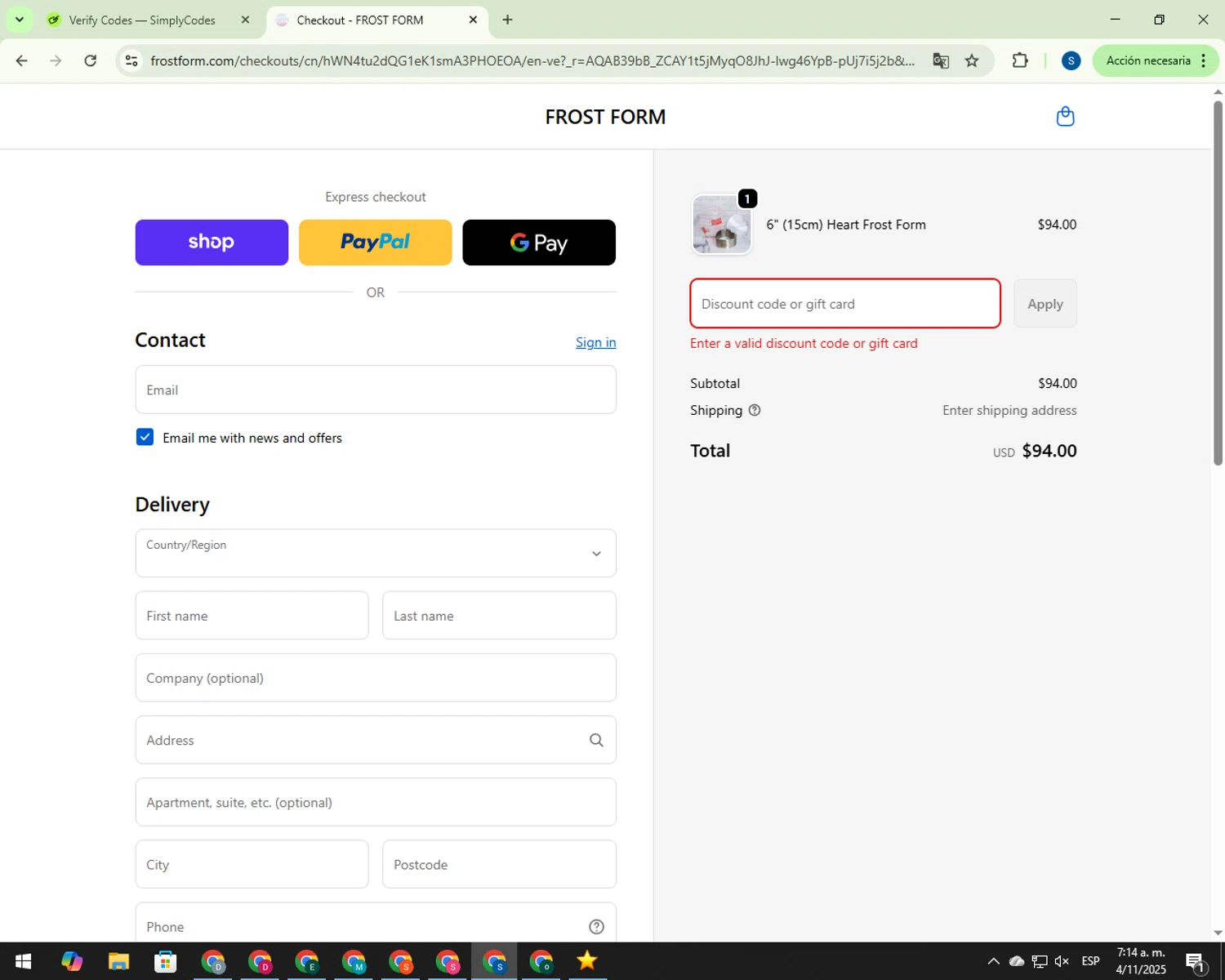 Frost Form coupon code screenshot showing code CAKE6XSNX6P3 applied at Frost Form checkout page. Uploaded by SimplyCodes community member 00000007 on Nov 4, 2025