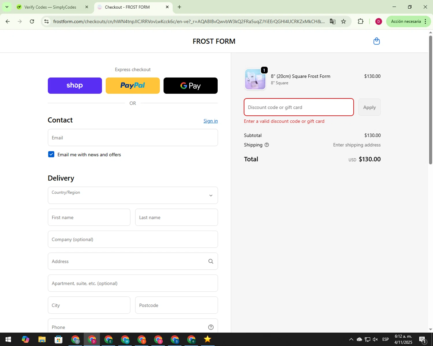 Frost Form coupon code screenshot showing code CAKE6XSNX6P3 applied at Frost Form checkout page. Uploaded by SimplyCodes community member 000012 on Nov 4, 2025
