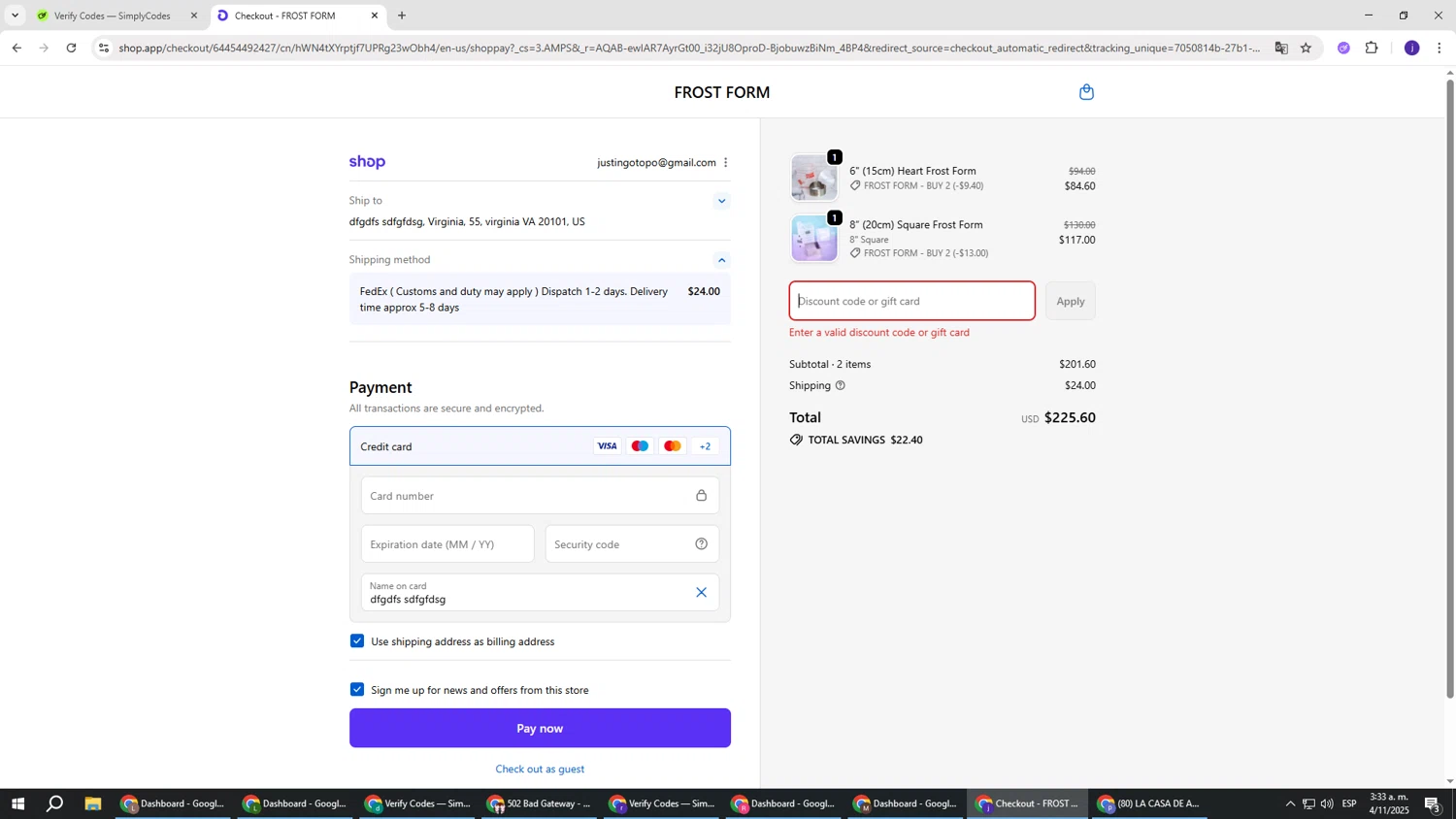 Frost Form coupon code screenshot showing code CAKE6XSNX6P3 applied at Frost Form checkout page. Uploaded by SimplyCodes community member simplycodesssss on Nov 4, 2025