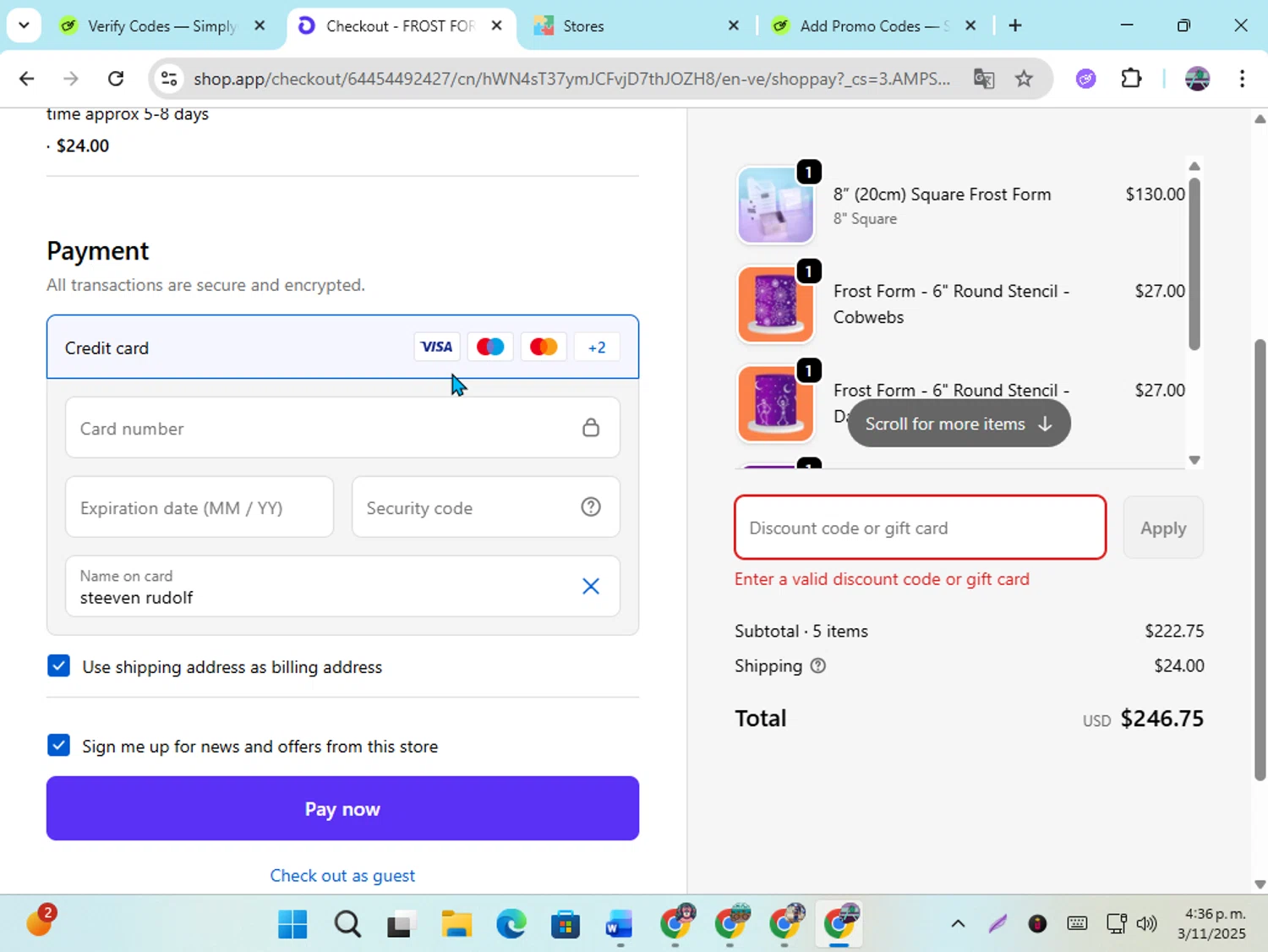 Frost Form coupon code screenshot showing code CAKESHOW15 applied at Frost Form checkout page. Uploaded by SimplyCodes community member DiscountGenius6081 on Nov 3, 2025