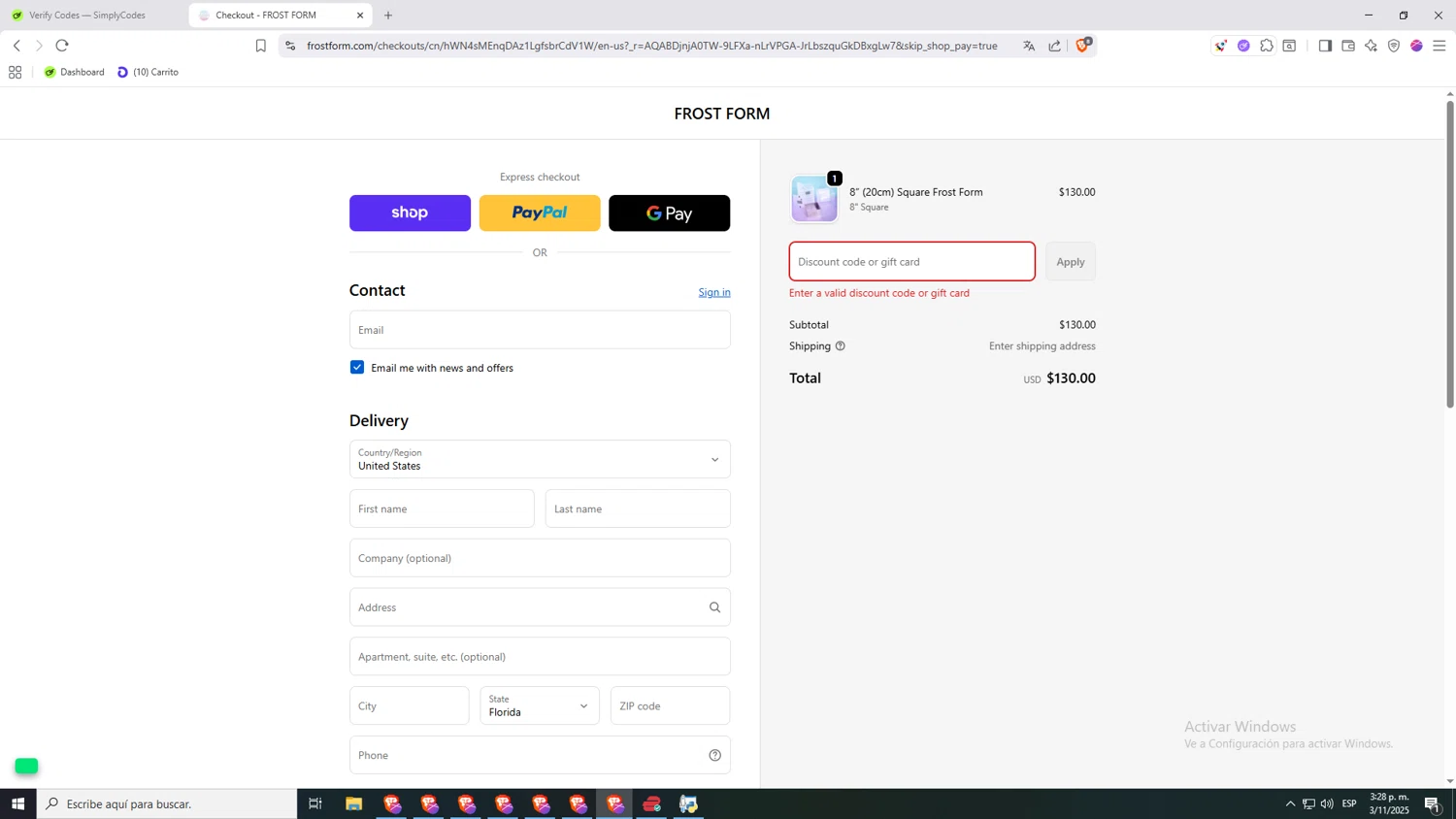 Frost Form coupon code screenshot showing code CAKESHOW15 applied at Frost Form checkout page. Uploaded by SimplyCodes community member jHjJJJhgPlDmsdUYitrNMASDll on Nov 3, 2025