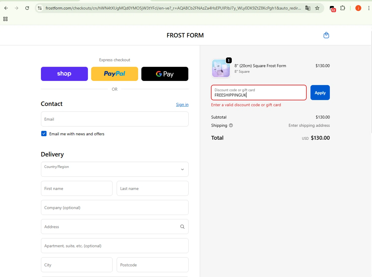 Frost Form coupon code screenshot showing code FREESHIPPINGUK applied at Frost Form checkout page. Uploaded by SimplyCodes community member WonderSpotter5339 on Nov 4, 2025