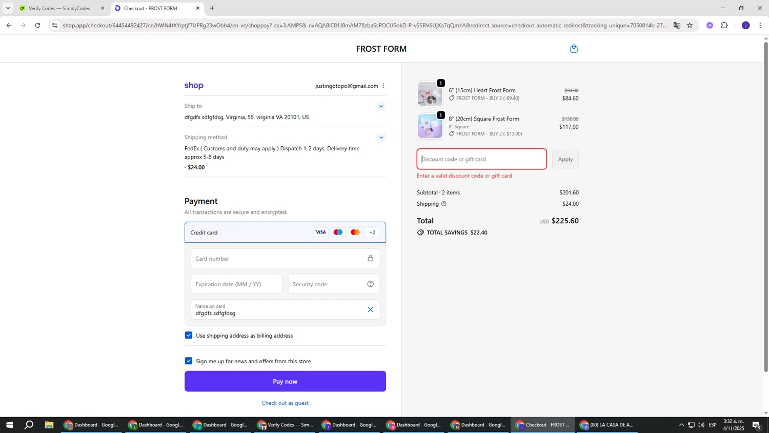 Frost Form coupon code screenshot showing code FREESHIPPINGUK applied at Frost Form checkout page. Uploaded by SimplyCodes community member simplycodesssss on Nov 4, 2025
