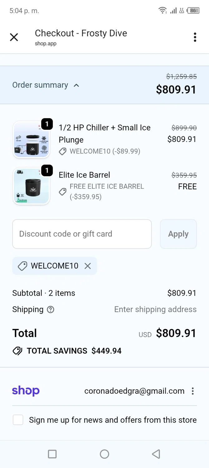 Frosty Dive promo code screenshot showing code Welcome10 applied at Frosty Dive checkout page. Uploaded by SimplyCodes community member tumiedo on Jan 4, 2026