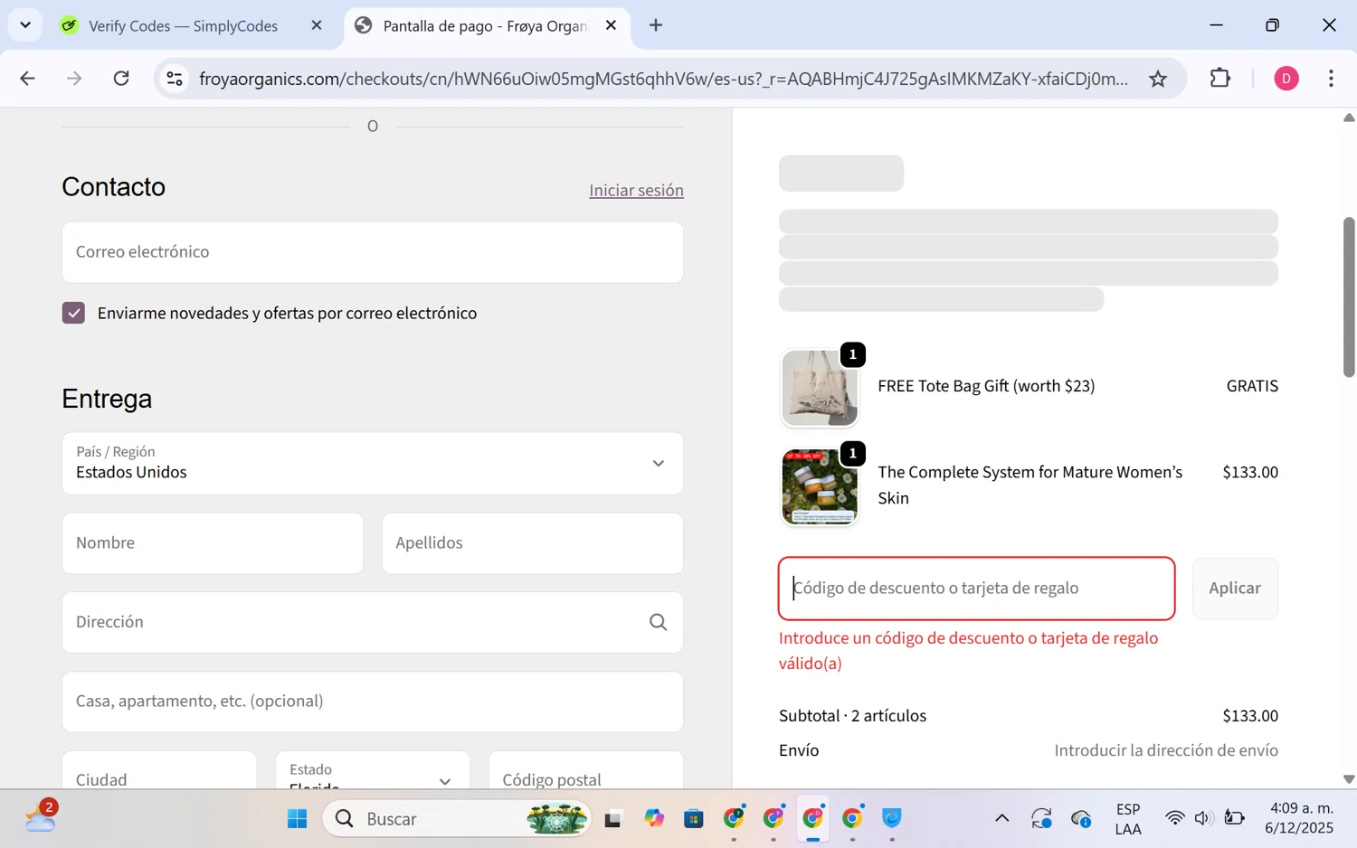 Frøya Organics promo code screenshot showing code FROYA10 applied at Frøya Organics checkout page. Uploaded by SimplyCodes community member LuckyHero4650 on Dec 6, 2025