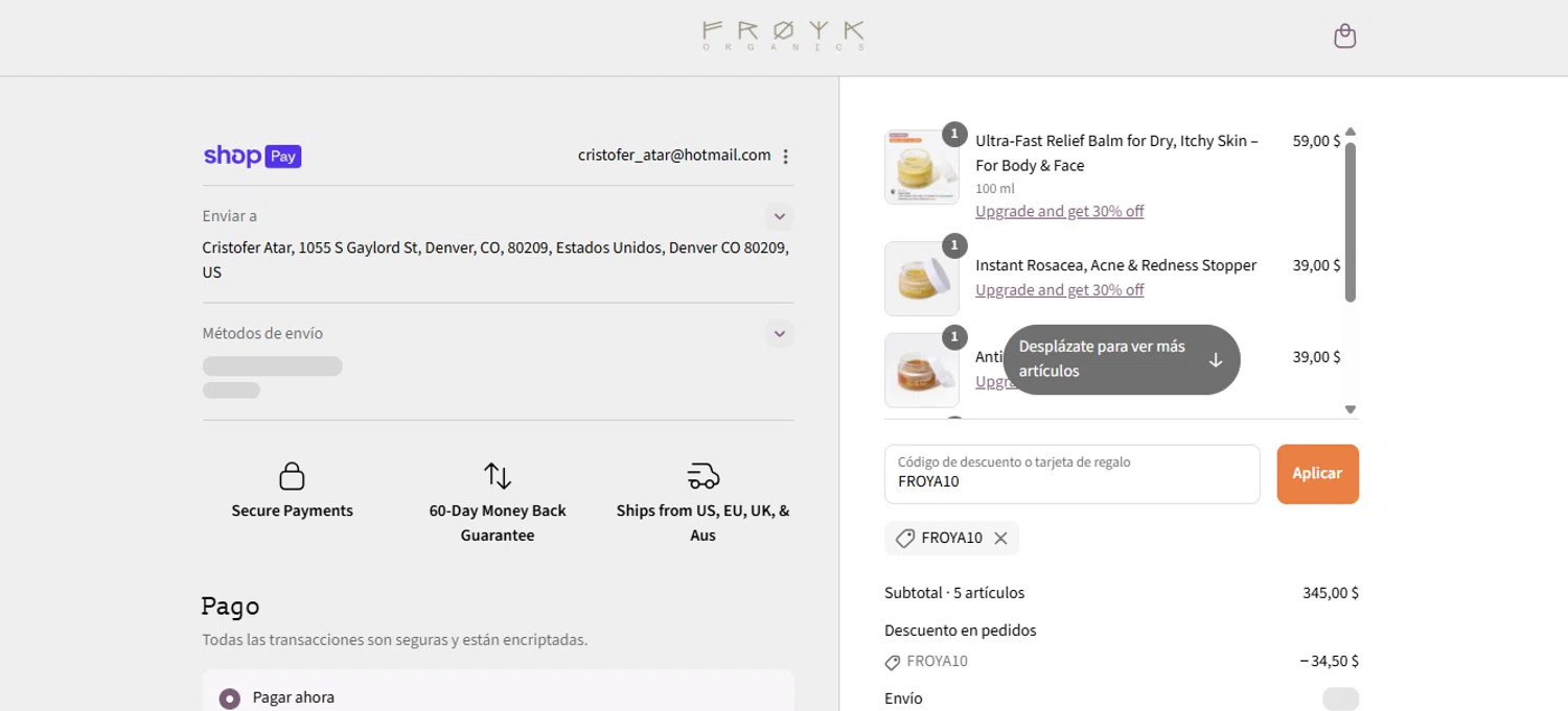 Frøya Organics promo code screenshot showing code FROYA10 applied at Frøya Organics checkout page. Uploaded by SimplyCodes community member Marielis on Jul 28, 2025