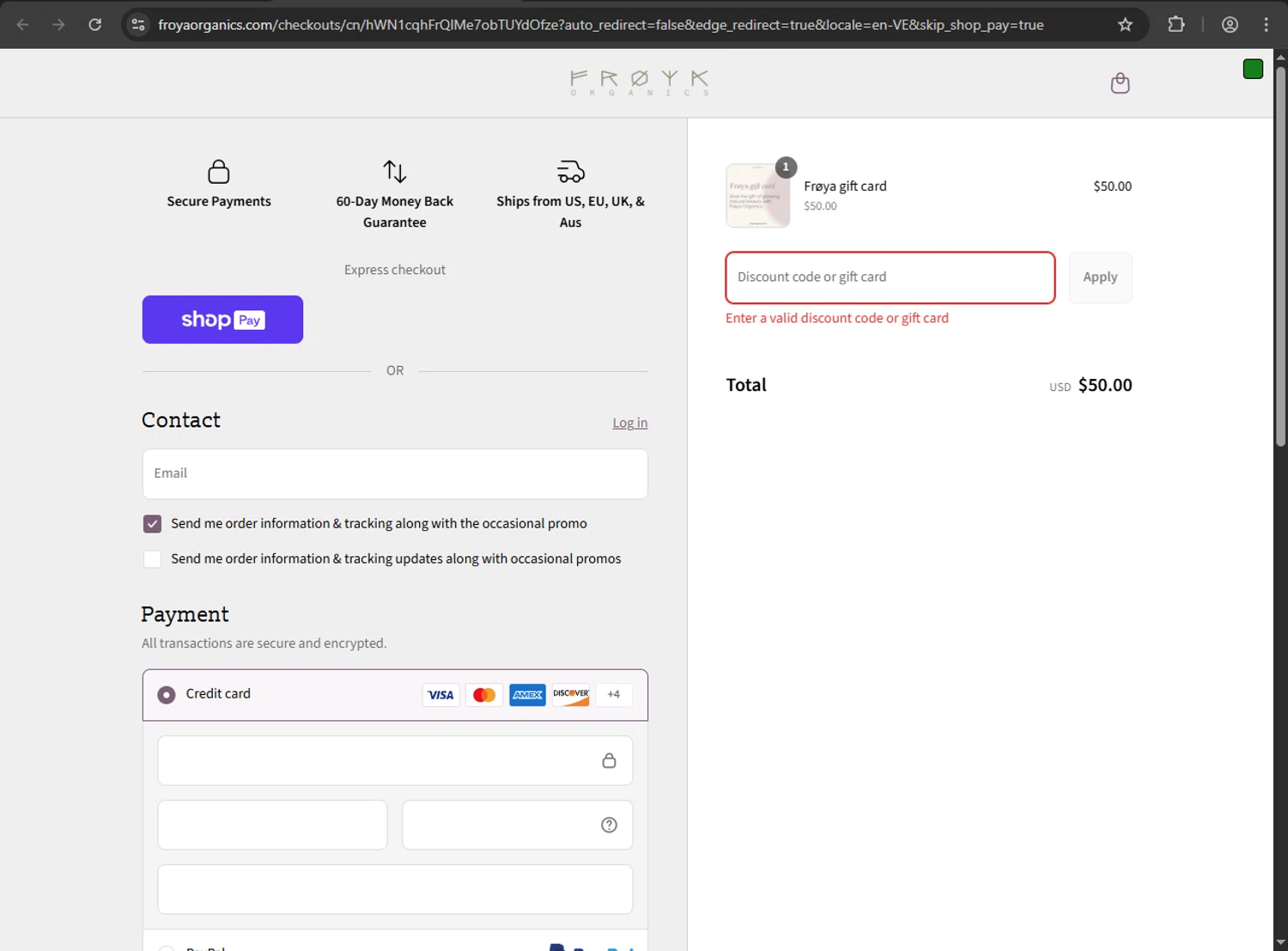 Frøya Organics promo code screenshot showing code FREEDOM10 applied at Frøya Organics checkout page. Uploaded by SimplyCodes community member JakePerrox on Aug 10, 2025
