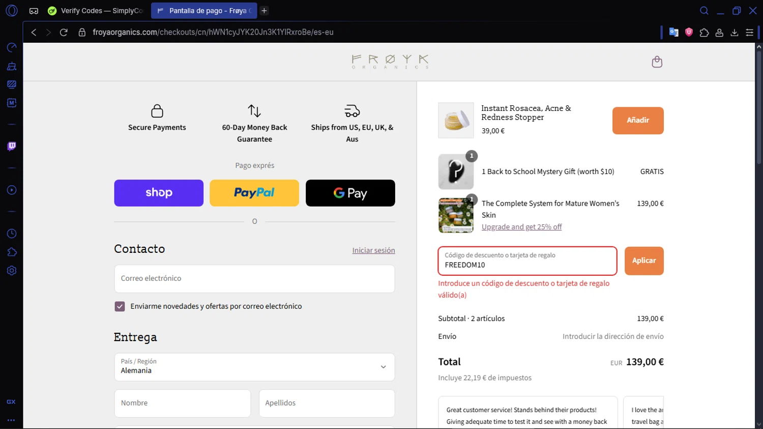 Frøya Organics promo code screenshot showing code FREEDOM10 applied at Frøya Organics checkout page. Uploaded by SimplyCodes community member ACIDOSULFURICO on Aug 10, 2025
