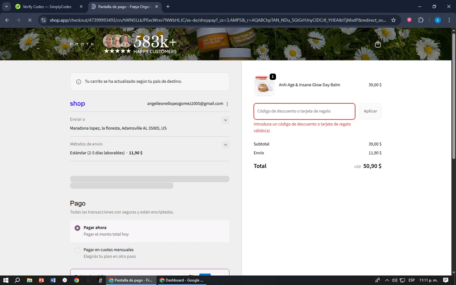 Frøya Organics promo code screenshot showing code ARCTIC applied at Frøya Organics checkout page. Uploaded by SimplyCodes community member bilijr on Nov 16, 2025