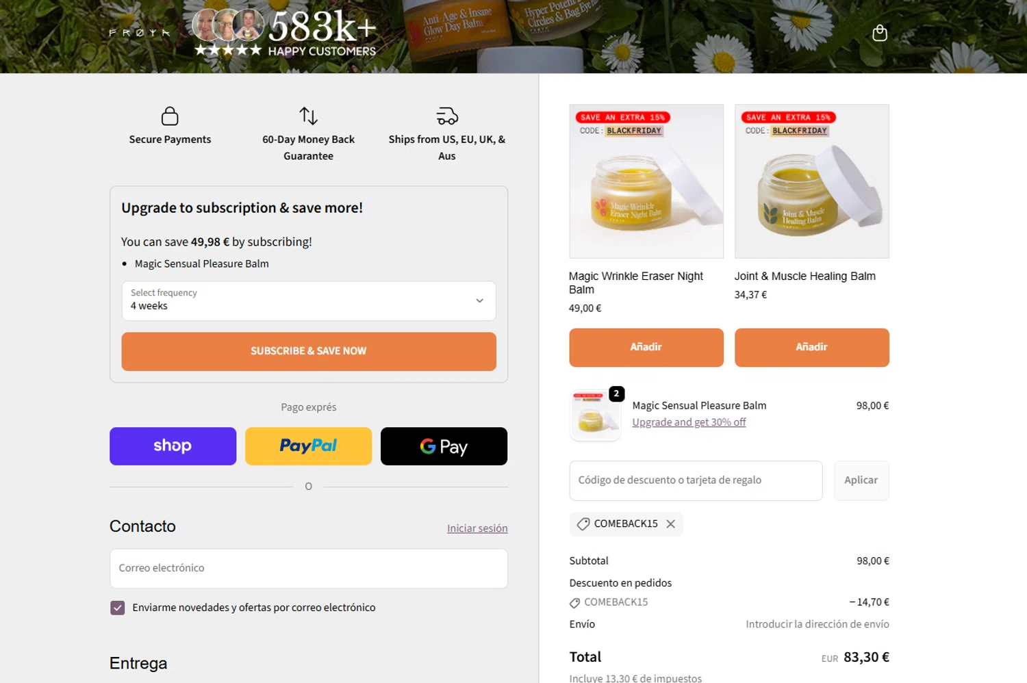 Frøya Organics promo code screenshot showing code COMEBACK15 applied at Frøya Organics checkout page. Uploaded by SimplyCodes community member Dorothy on Nov 22, 2025