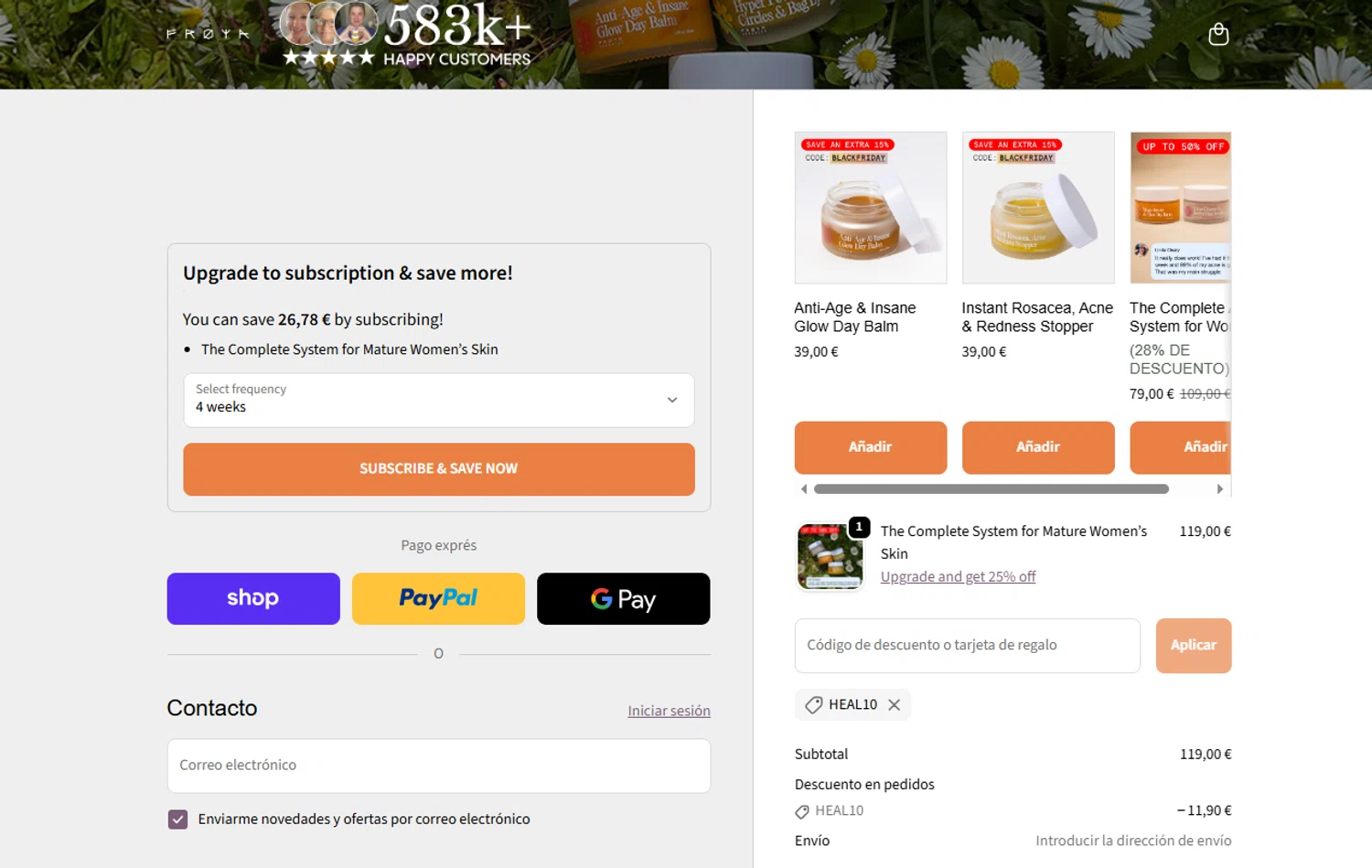 Frøya Organics promo code screenshot showing code Heal10 applied at Frøya Organics checkout page. Uploaded by SimplyCodes community member Dorothy on Nov 24, 2025