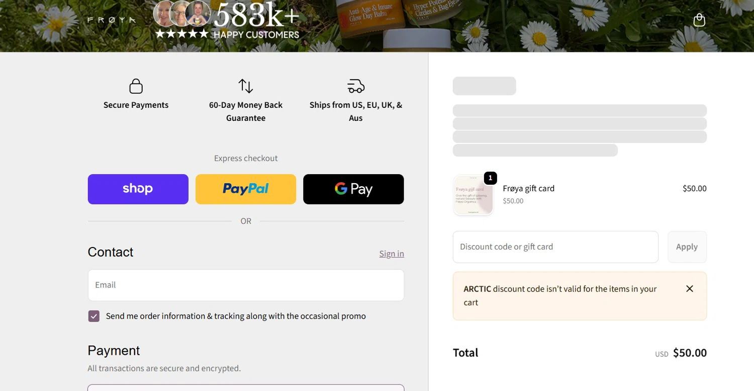 Frøya Organics promo code screenshot showing code ARCTIC applied at Frøya Organics checkout page. Uploaded by SimplyCodes community member josegarcia6 on Dec 29, 2025