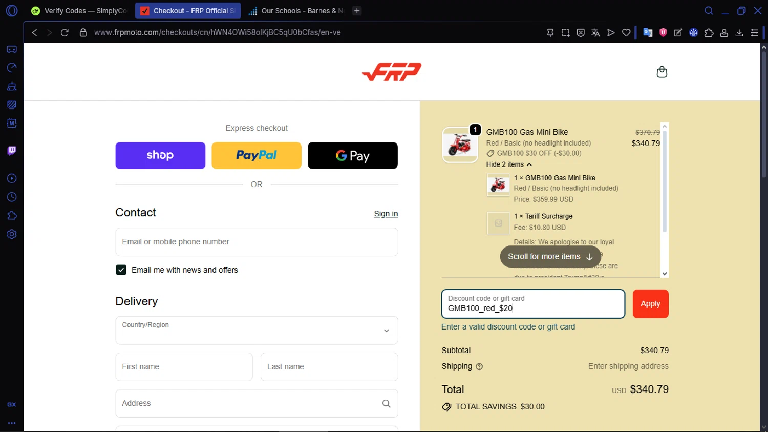 FRP discount code screenshot showing code GMB100_red_$20 applied at FRP checkout page. Uploaded by SimplyCodes community member ACIDOSULFURICO on Oct 22, 2025