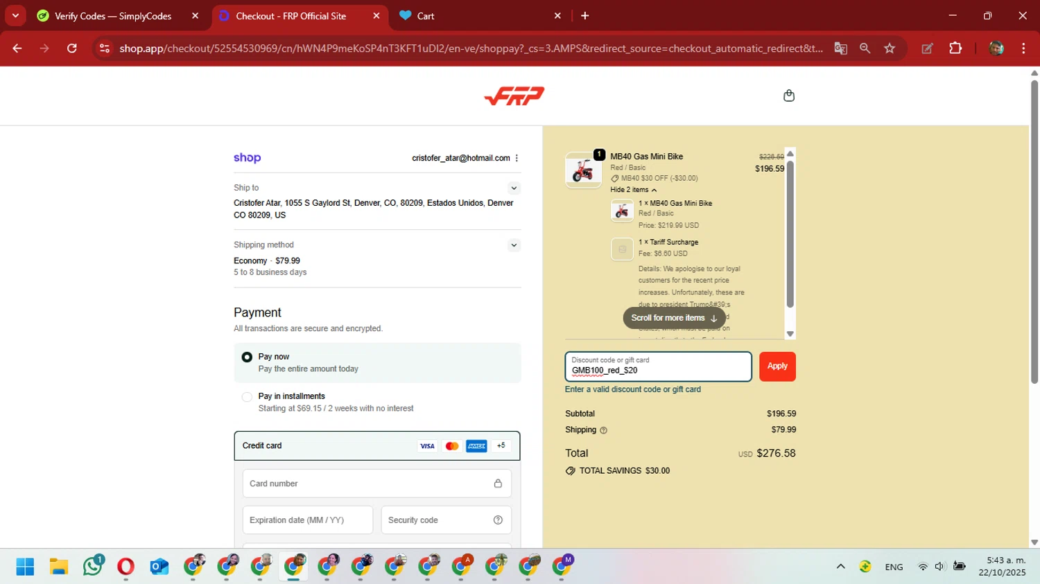 FRP discount code screenshot showing code GMB100_red_$20 applied at FRP checkout page. Uploaded by SimplyCodes community member David_Gut_Sonic on Oct 22, 2025