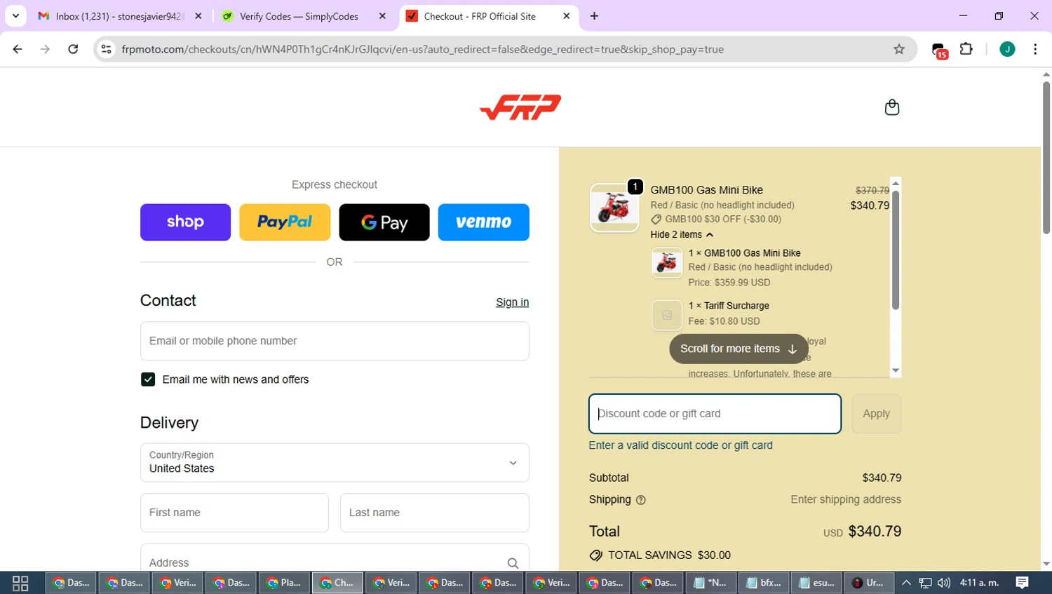FRP discount code screenshot showing code GMB100_red_$20 applied at FRP checkout page. Uploaded by SimplyCodes community member SavvyCurator1770 on Oct 22, 2025