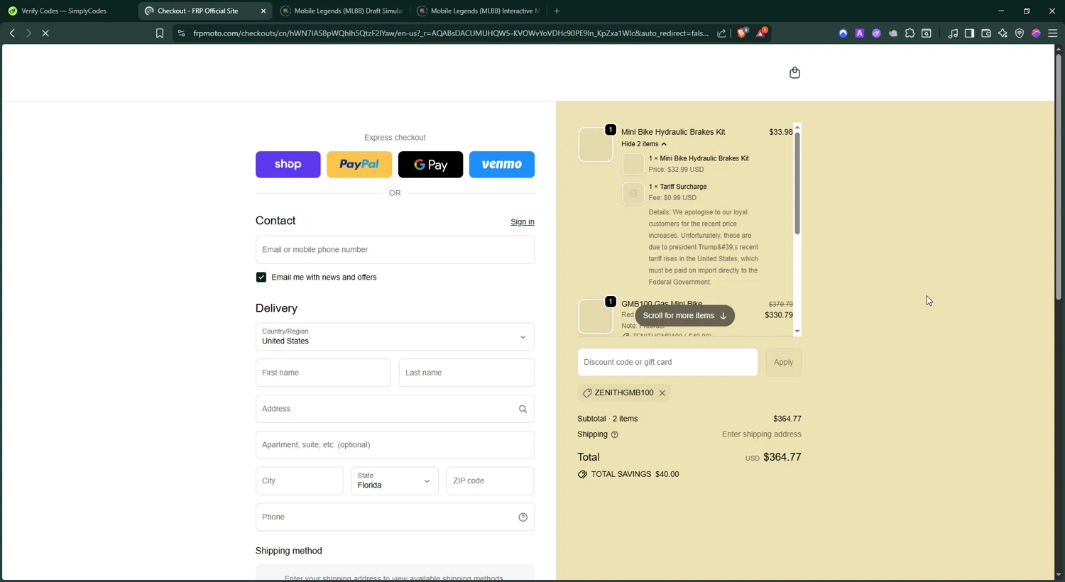 FRP discount code screenshot showing code ZENITHGMB100 applied at FRP checkout page. Uploaded by SimplyCodes community member BonusShopper4099 on Jan 6, 2026