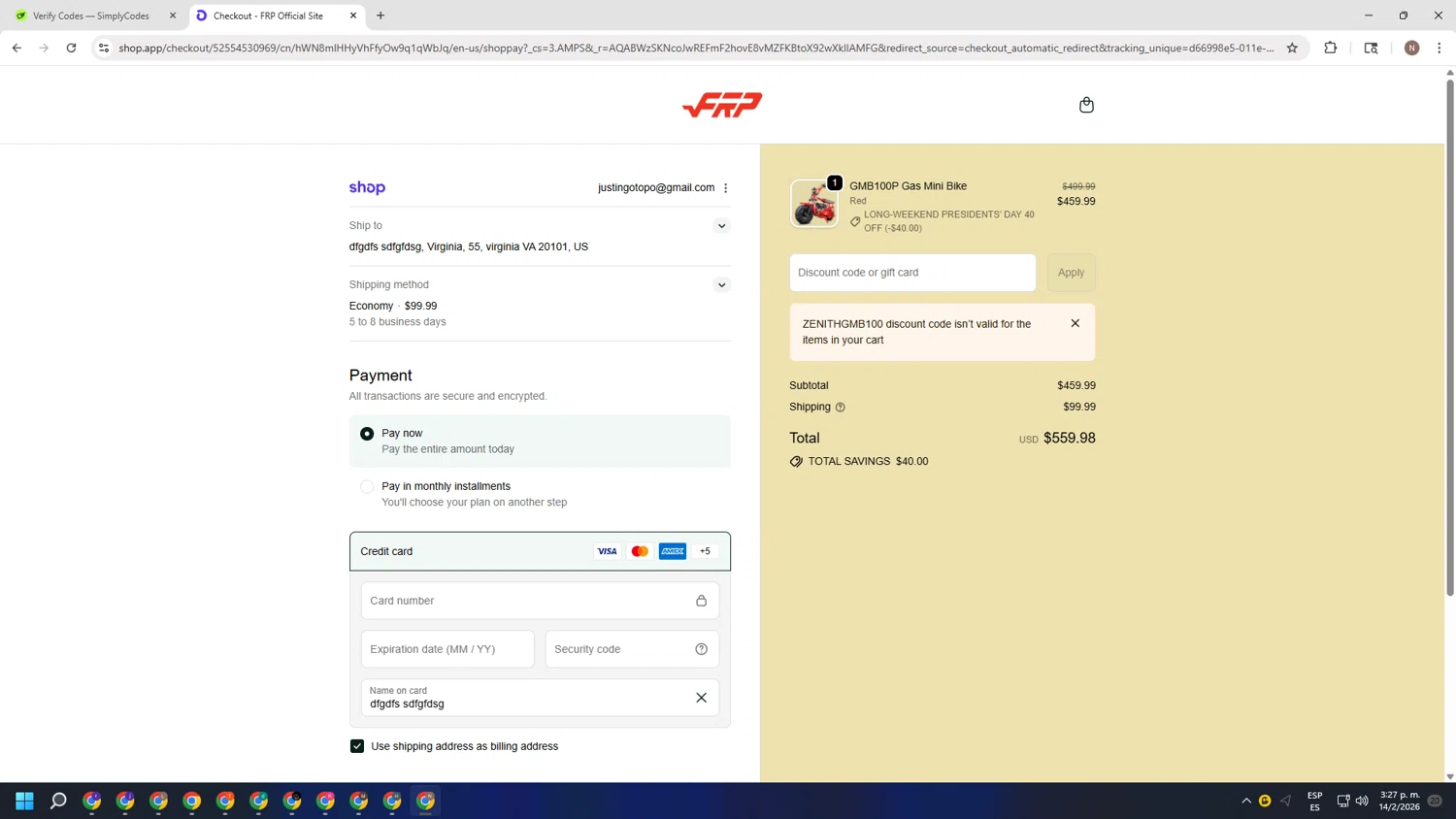 FRP checkout page showing FRP discount code box | Screenshot taken by SimplyCodes community member on Feb 14, 2026