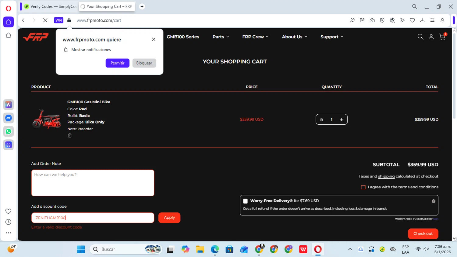 FRP discount code screenshot showing code ZENITHGMB100 applied at FRP checkout page. Uploaded by SimplyCodes community member YunoMaria on Jan 6, 2026
