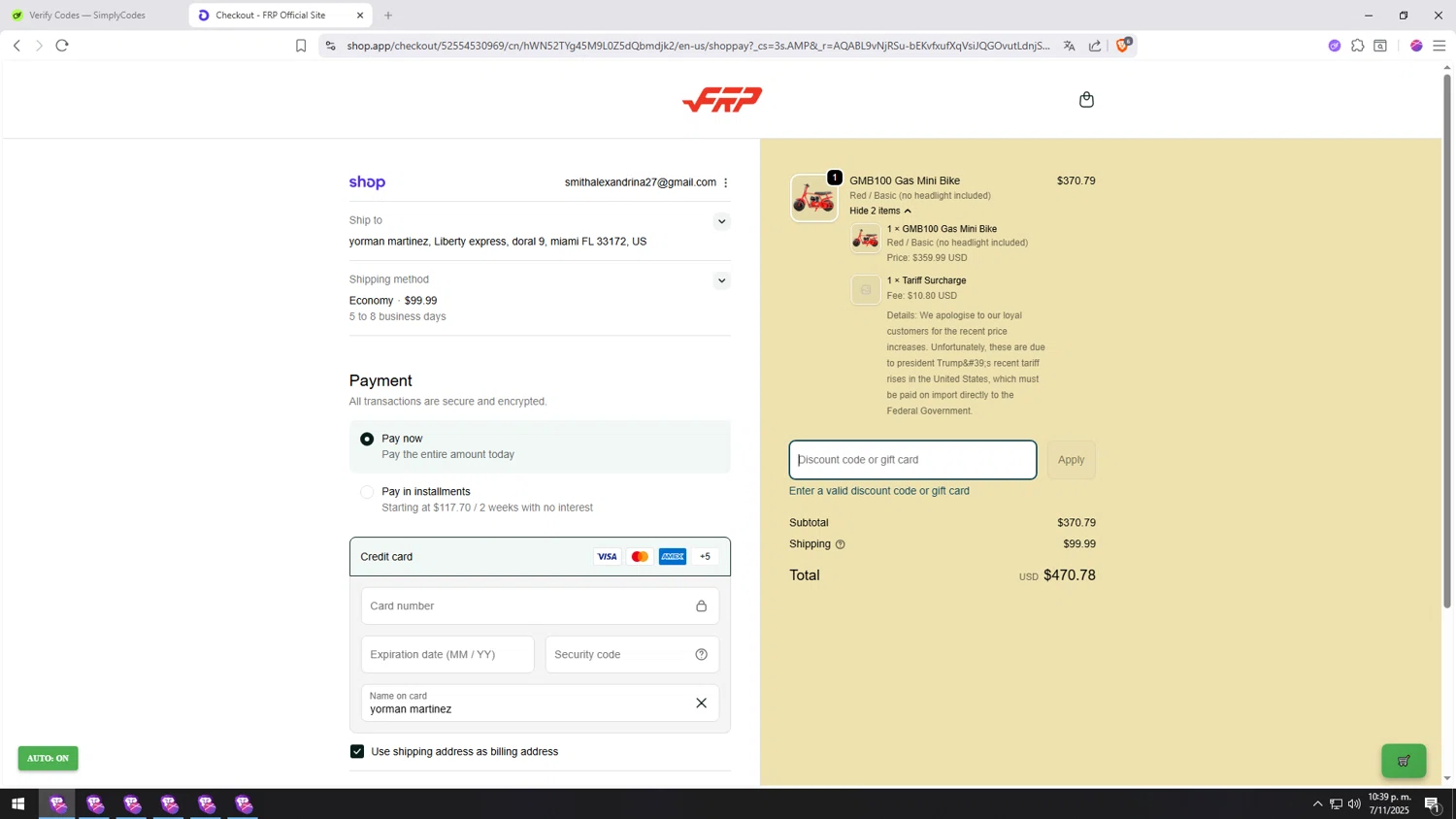 FRP discount code screenshot showing code MNGMB100 applied at FRP checkout page. Uploaded by SimplyCodes community member MRYORMAN on Nov 8, 2025