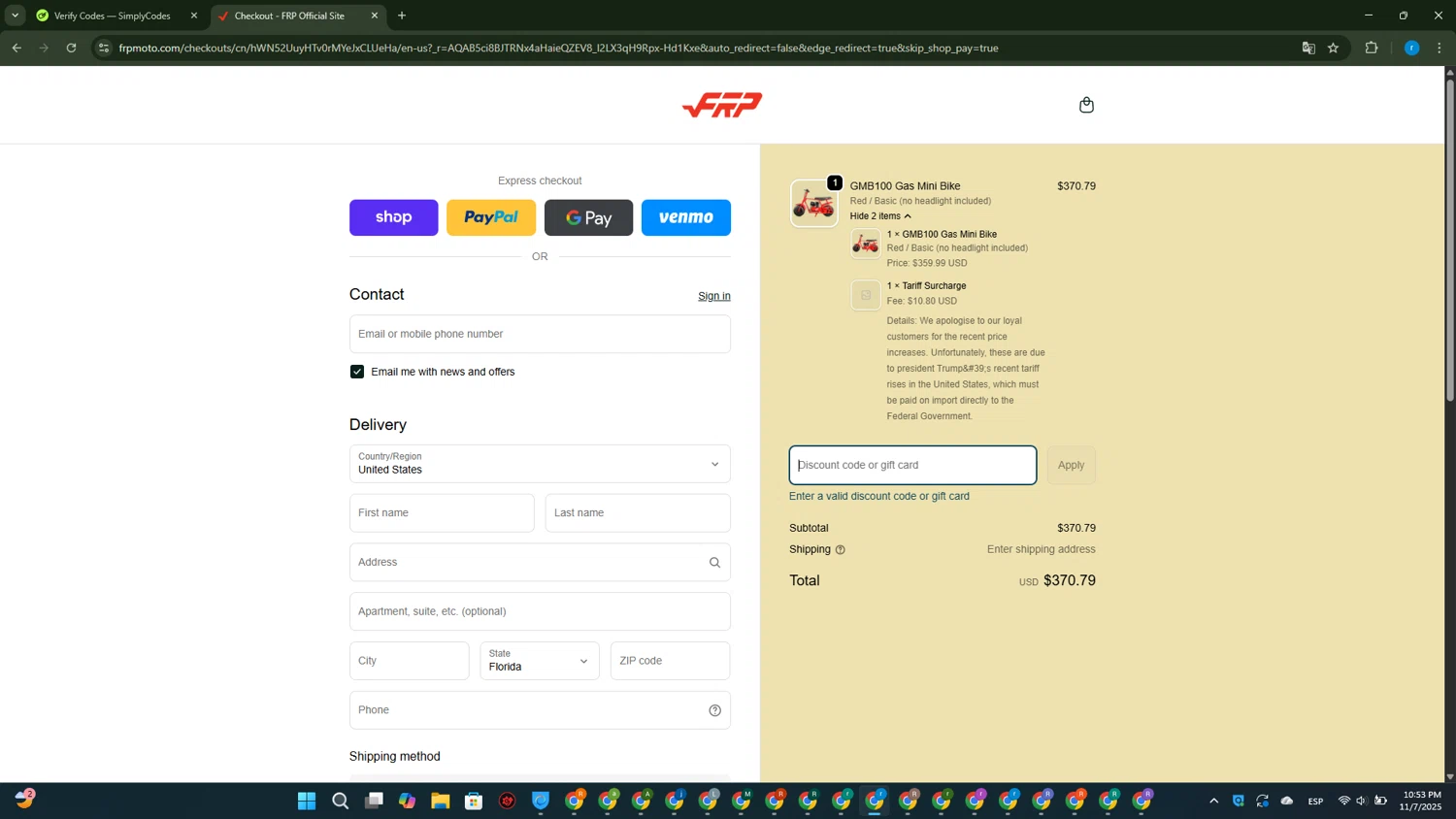 FRP discount code screenshot showing code MNGMB100 applied at FRP checkout page. Uploaded by SimplyCodes community member RewardVoyager146 on Nov 8, 2025