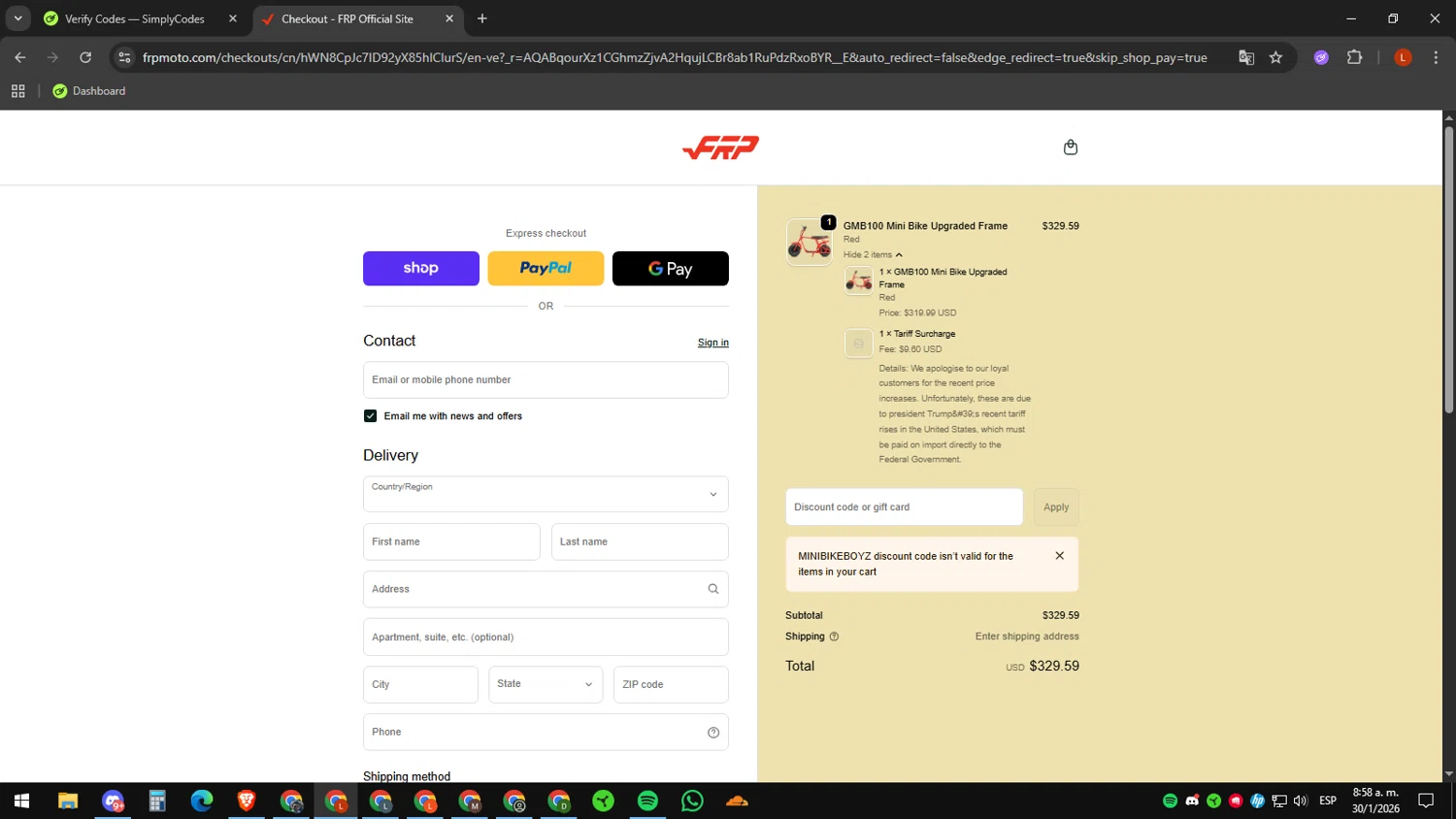FRP discount code screenshot showing code MINIBIKEBOYZ applied at FRP checkout page. Uploaded by SimplyCodes community member luissdbv1 on Jan 30, 2026