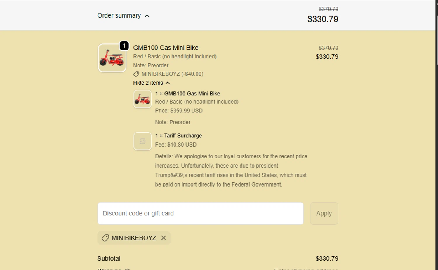 FRP discount code screenshot showing code MINIBIKEBOYZ applied at FRP checkout page. Uploaded by SimplyCodes community member ashe1986 on Dec 9, 2025