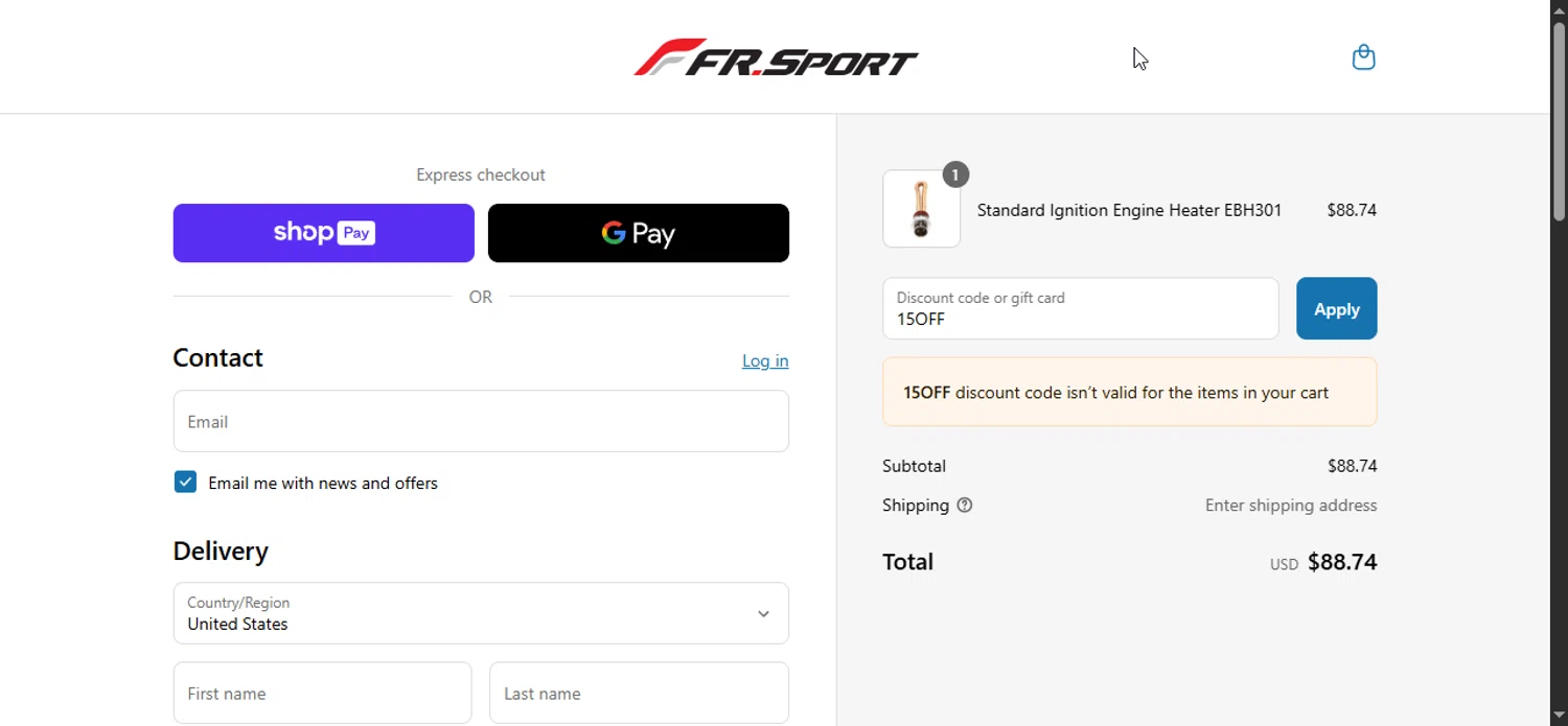 FRSport promo code screenshot showing code 15OFF applied at FRSport checkout page. Uploaded by SimplyCodes community member Bendito on Aug 12, 2025