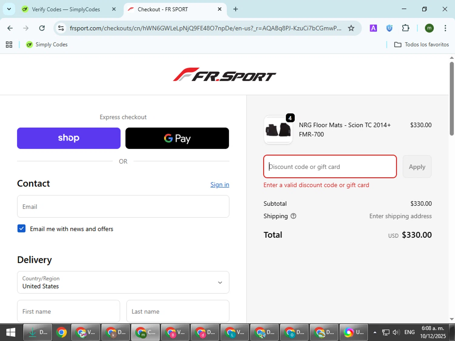 FRSport promo code screenshot showing code LE71LU applied at FRSport checkout page. Uploaded by SimplyCodes community member VoucherCollector9196 on Dec 10, 2025