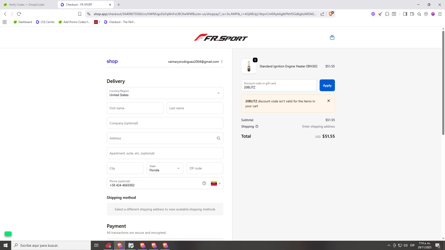 FRSport promo code screenshot showing code 20BLITZ applied at FRSport checkout page. Uploaded by SimplyCodes community member Nezukooo on Nov 29, 2025