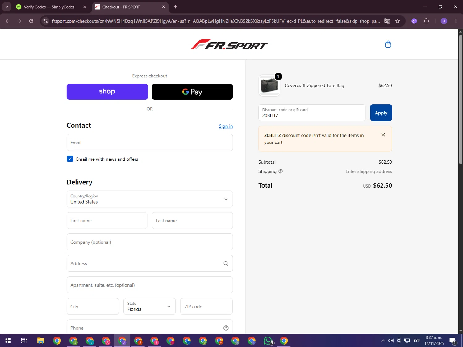 FRSport promo code screenshot showing code 20BLITZ applied at FRSport checkout page. Uploaded by SimplyCodes community member ValueHero2277 on Nov 14, 2025