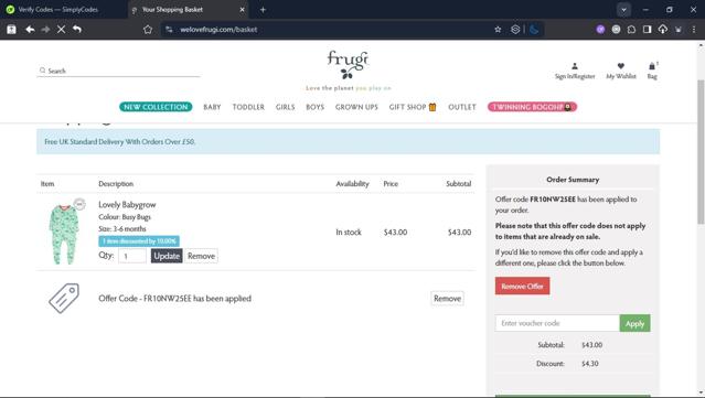 Frugi checkout page showing Frugi discount code box | Screenshot taken by SimplyCodes community member on Sep 13, 2025
