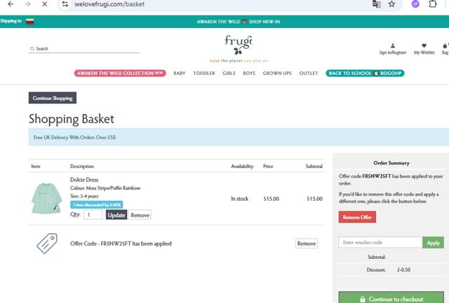 Frugi checkout page showing Frugi discount code box | Screenshot taken by SimplyCodes community member on Aug 16, 2025