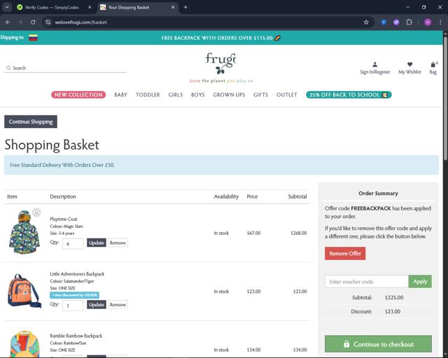 Frugi checkout page showing Frugi discount code box | Screenshot taken by SimplyCodes community member on Sep 1, 2025