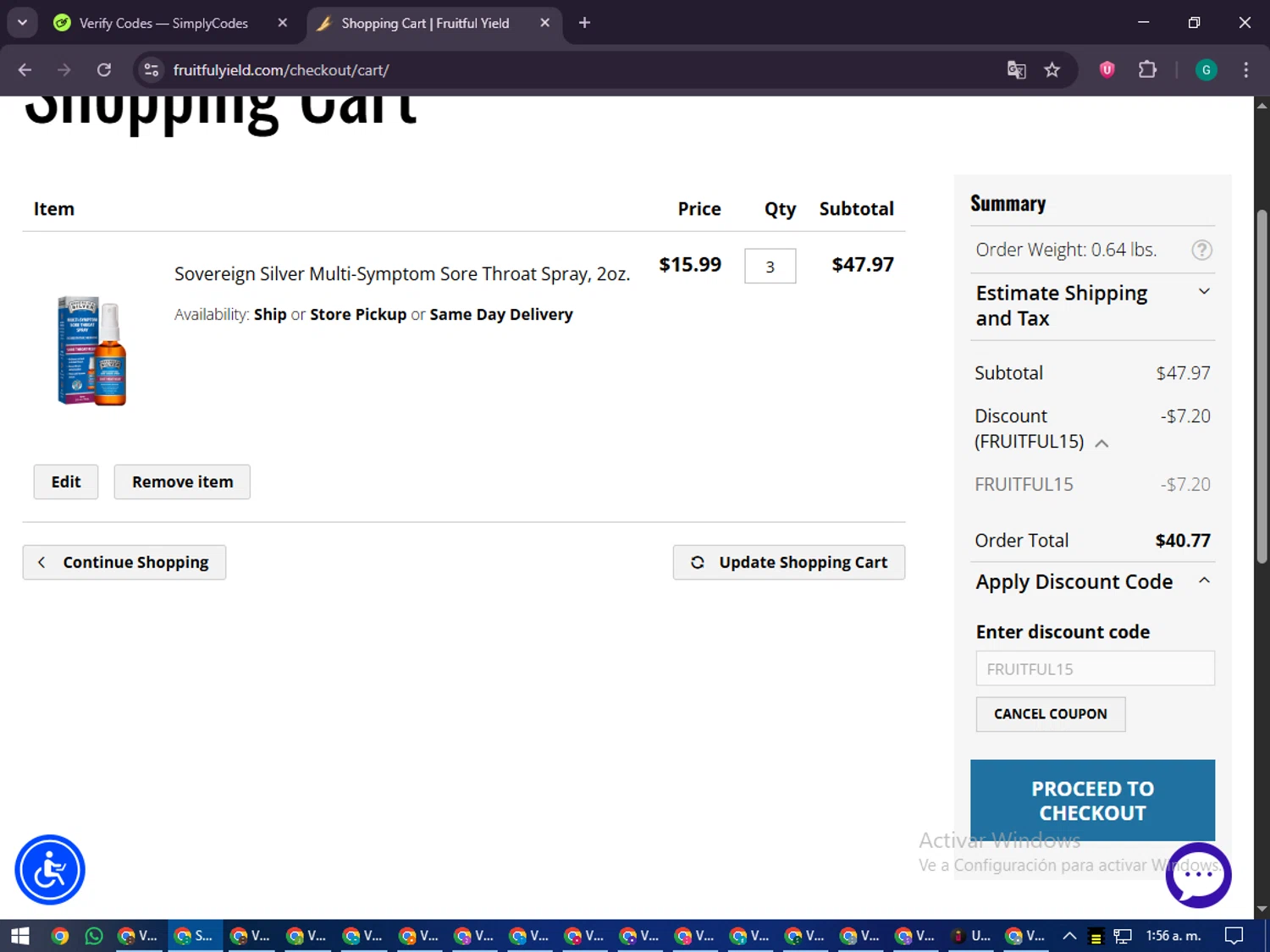 Fruitful Yield discount code screenshot showing code FRUITFUL15 applied at Fruitful Yield checkout page. Uploaded by SimplyCodes community member PennyFinder5759 on Sep 19, 2025