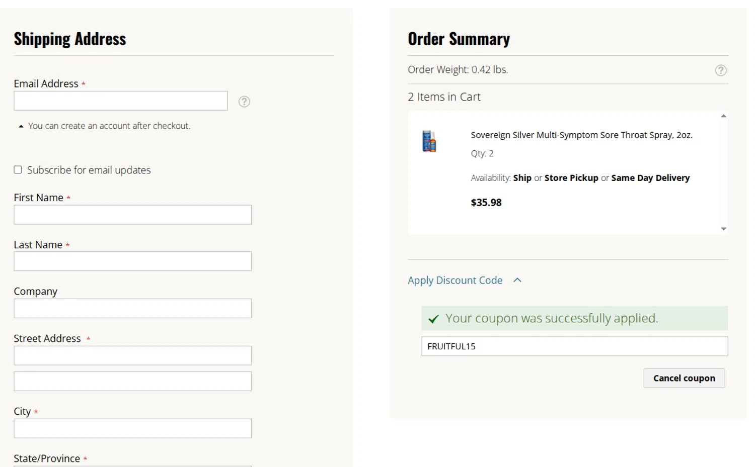 Fruitful Yield discount code screenshot showing code FRUITFUL15 applied at Fruitful Yield checkout page. Uploaded by SimplyCodes community member WonderSaver8569 on Nov 14, 2025