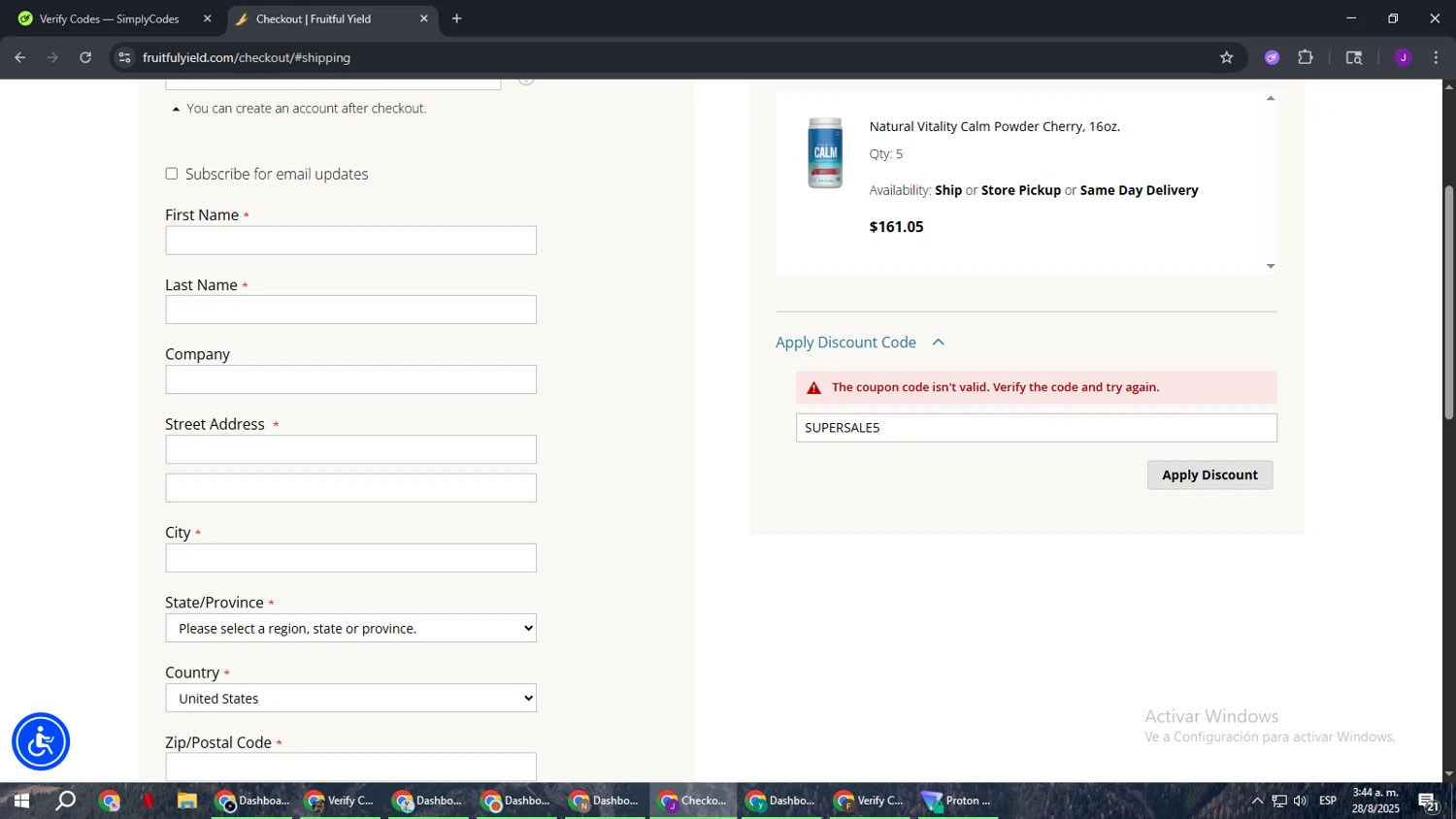 Fruitful Yield discount code screenshot showing code SUPERSALE5 applied at Fruitful Yield checkout page. Uploaded by SimplyCodes community member ComeBurra123 on Aug 28, 2025