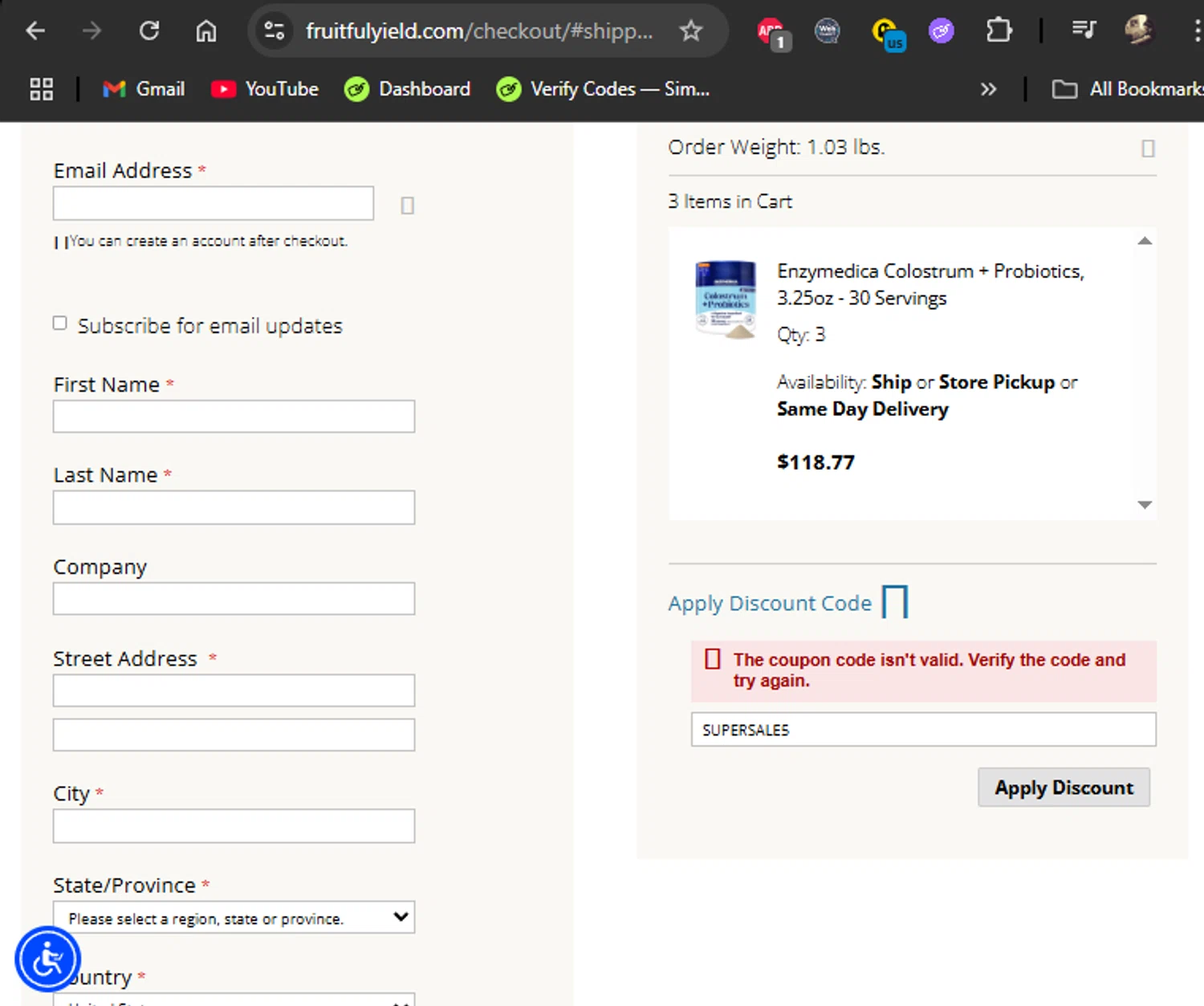 Fruitful Yield discount code screenshot showing code SUPERSALE5 applied at Fruitful Yield checkout page. Uploaded by SimplyCodes community member LiShang on Aug 28, 2025