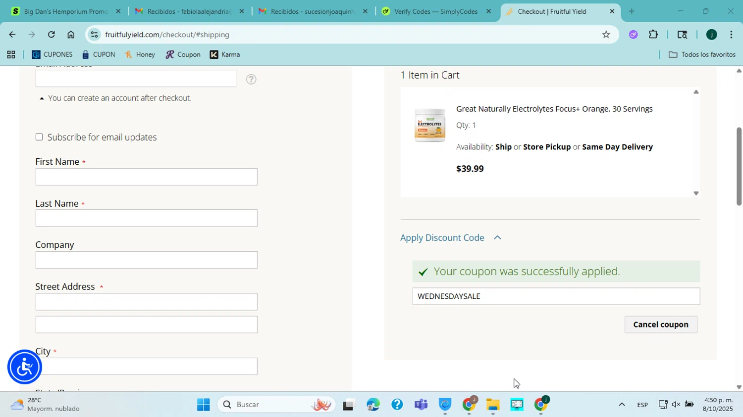 Fruitful Yield discount code screenshot showing code WEDNESDAYSALE applied at Fruitful Yield checkout page. Uploaded by SimplyCodes community member jorgejavierherrera on Oct 8, 2025