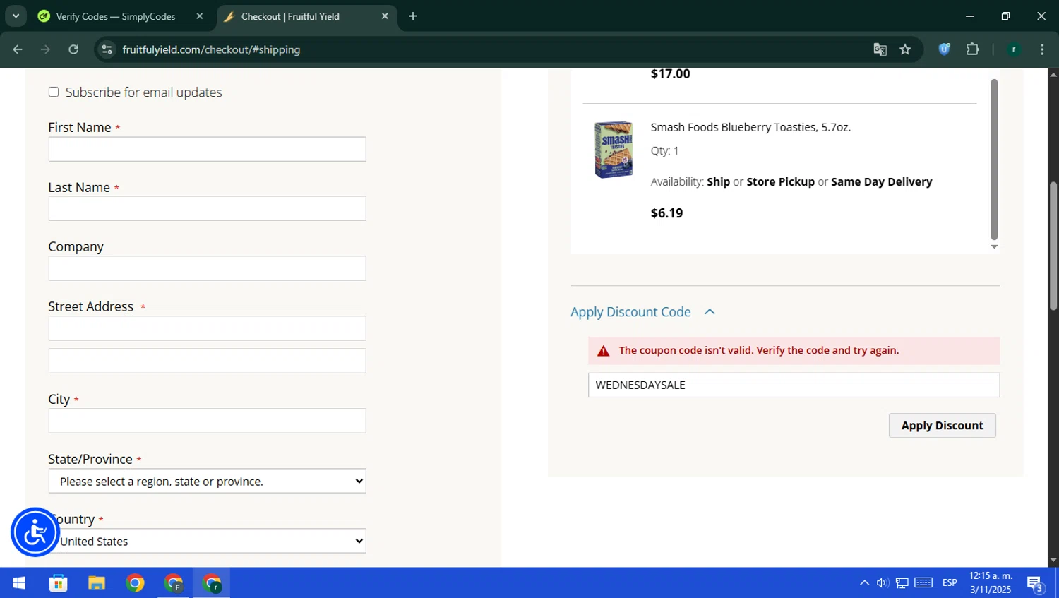 Fruitful Yield discount code screenshot showing code WEDNESDAYSALE applied at Fruitful Yield checkout page. Uploaded by SimplyCodes community member rodri1 on Nov 3, 2025